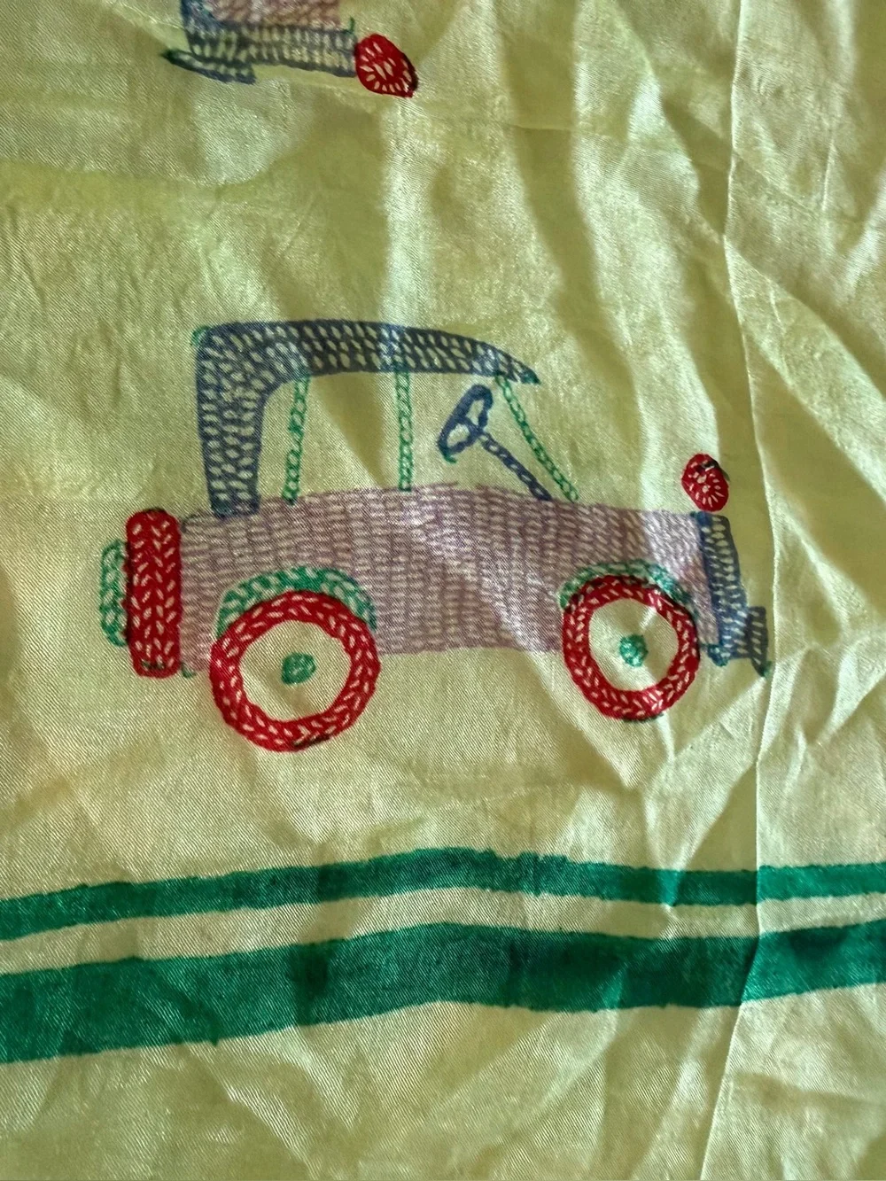 Vintage 1960s Karavan Silk Square Scarf Hand Printed in India Style Novelty Car